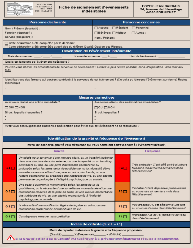 Fiche de signalement d'événements indésirables