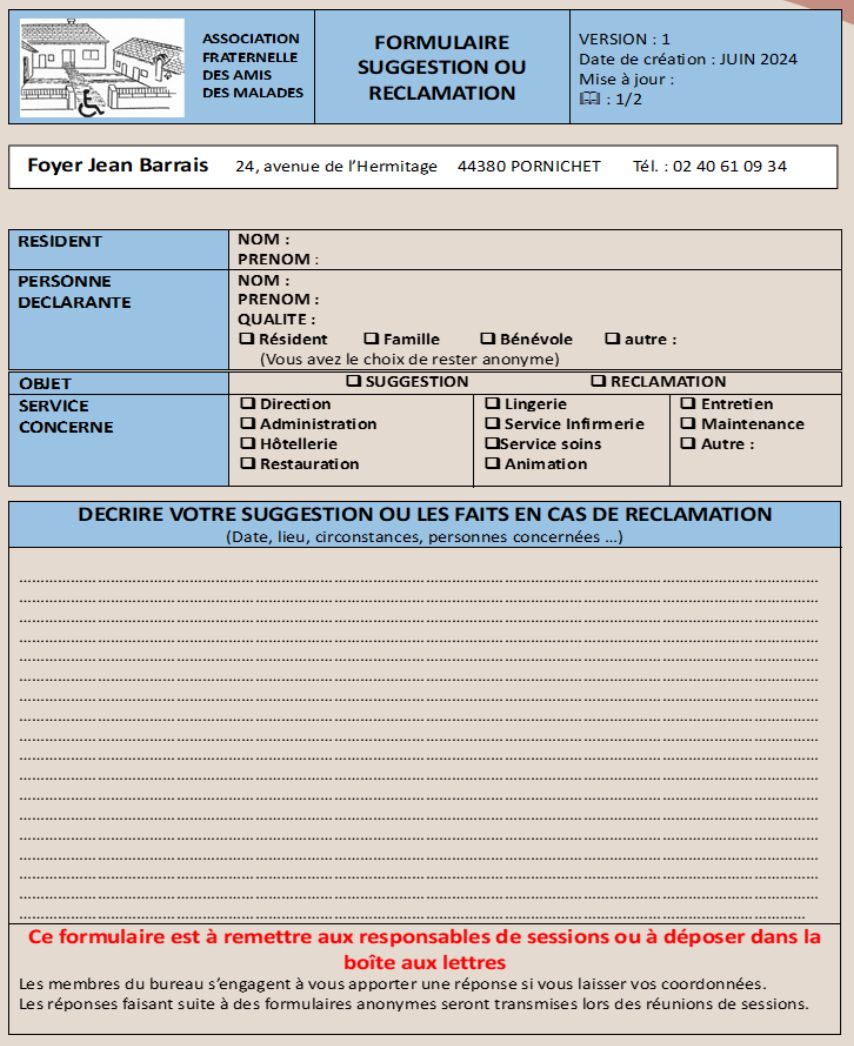 Formulaire de suggestions/ réclamations