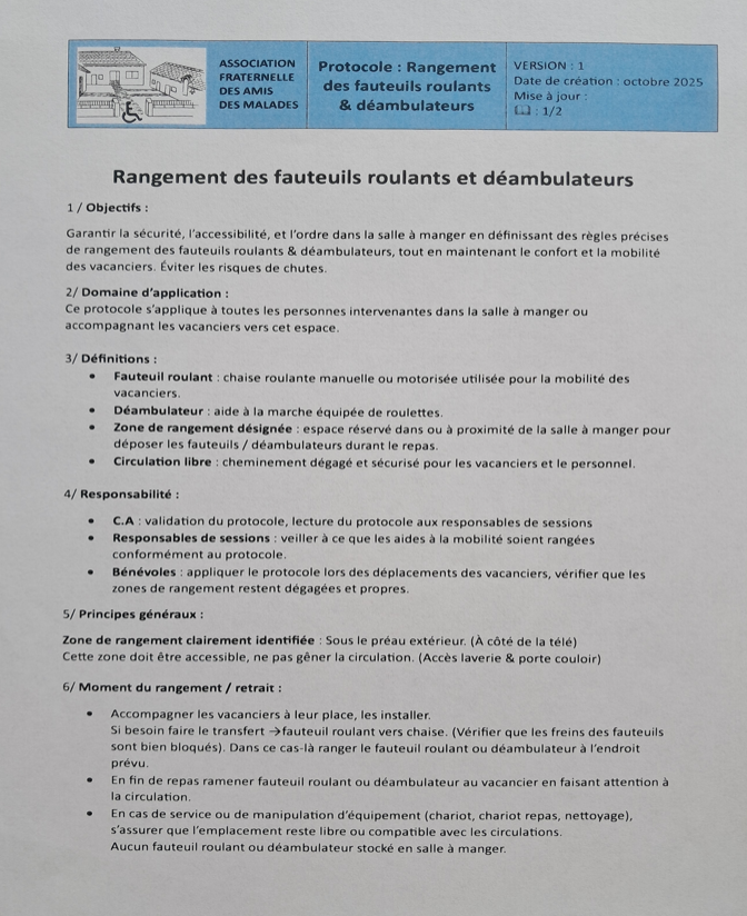 Protocole : rangement des fauteuils roulants et déambulateurs